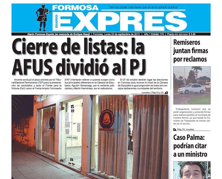 Tapa del diario Formosa Expres