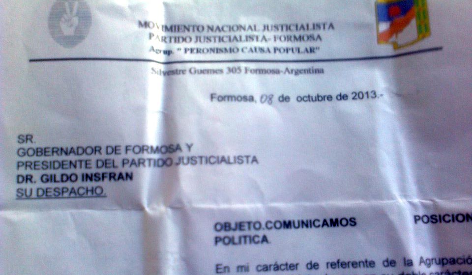 La misiva ingresó por Mesa de Entradas de la Secretaría Privada del gobernador.