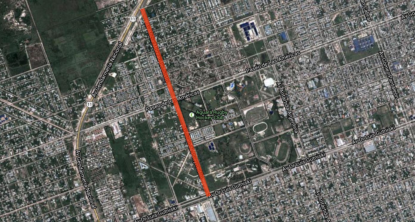 El tramo, destacado en rojo, de la avenida Pueyrredón y su prolongación, Moreau de Justo. Click para agrandar.