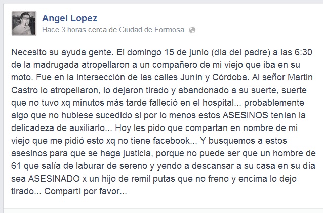 Continúan buscando al auto negro que chocó con el motociclista Martín Castro
