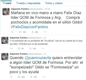 La ironía destinada a Gildo Insfrán, en el Twiter de Fantino.