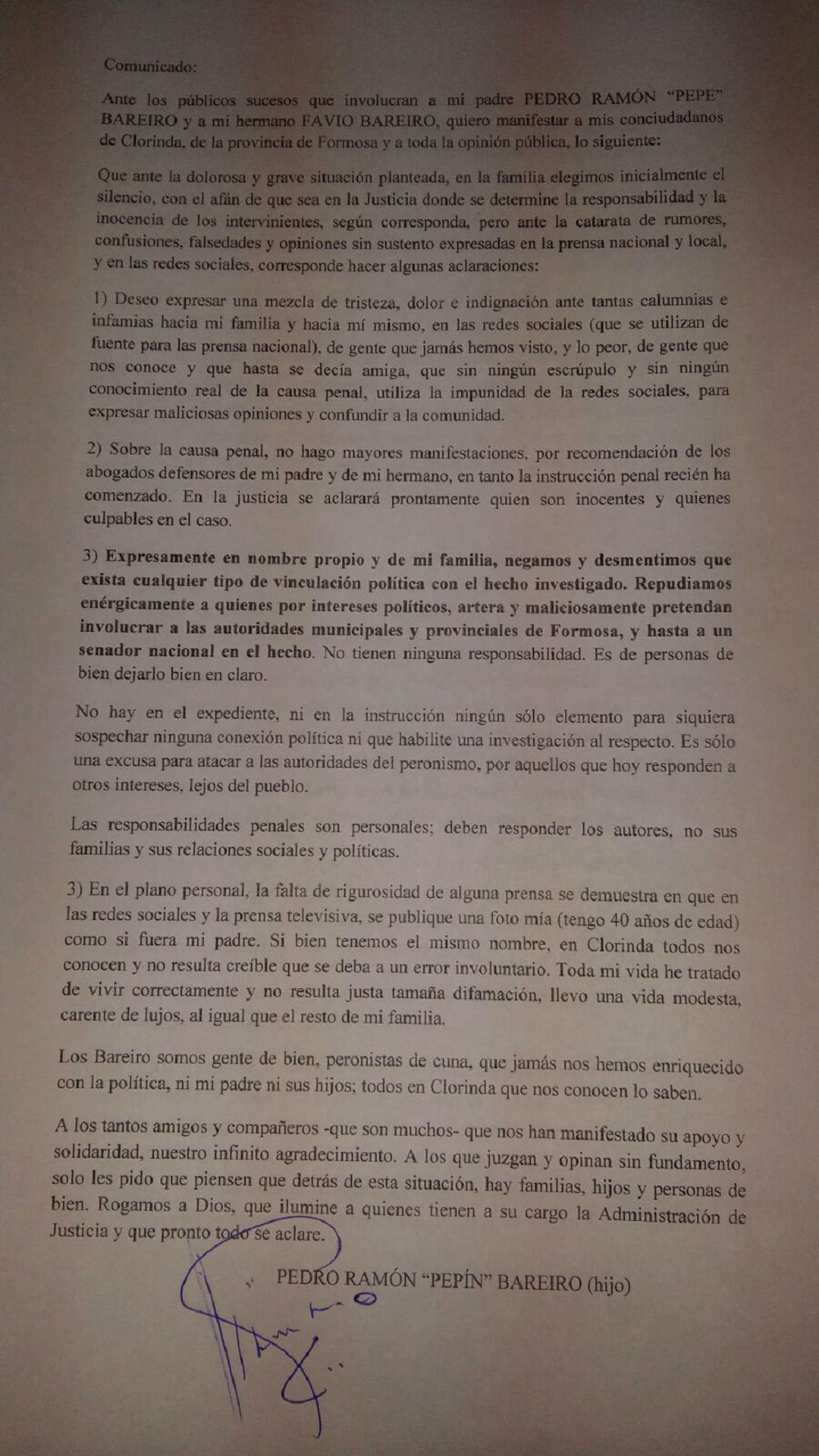 La carta pública de «Pepin» Bareiro, hijo del exonerado funcionario del gobierno de Gildo Insfrán