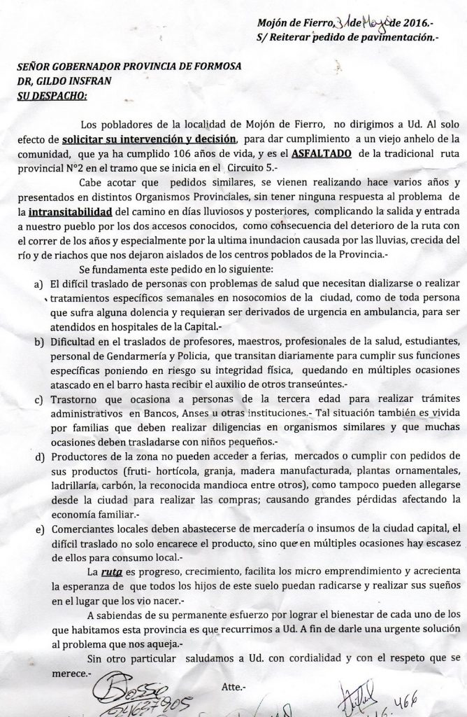 carta mojon de fierro a gildo insfrán