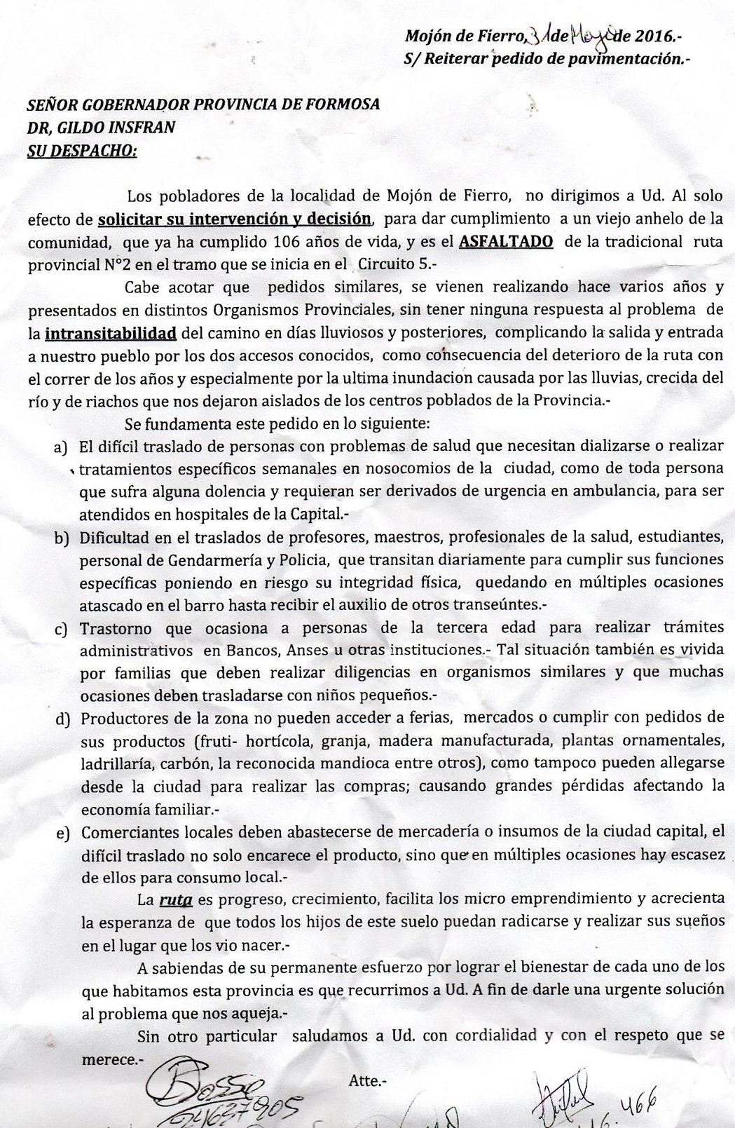La carta de los vecinos de Mojón de Fierro al gobernador