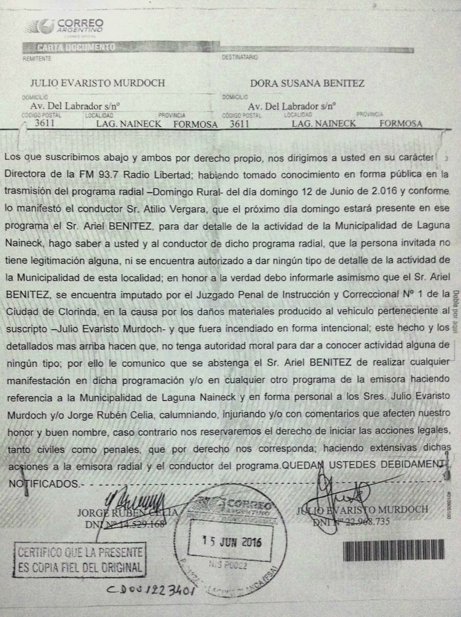 Copia de la carta documento que recibieron en la radio de Naineck.