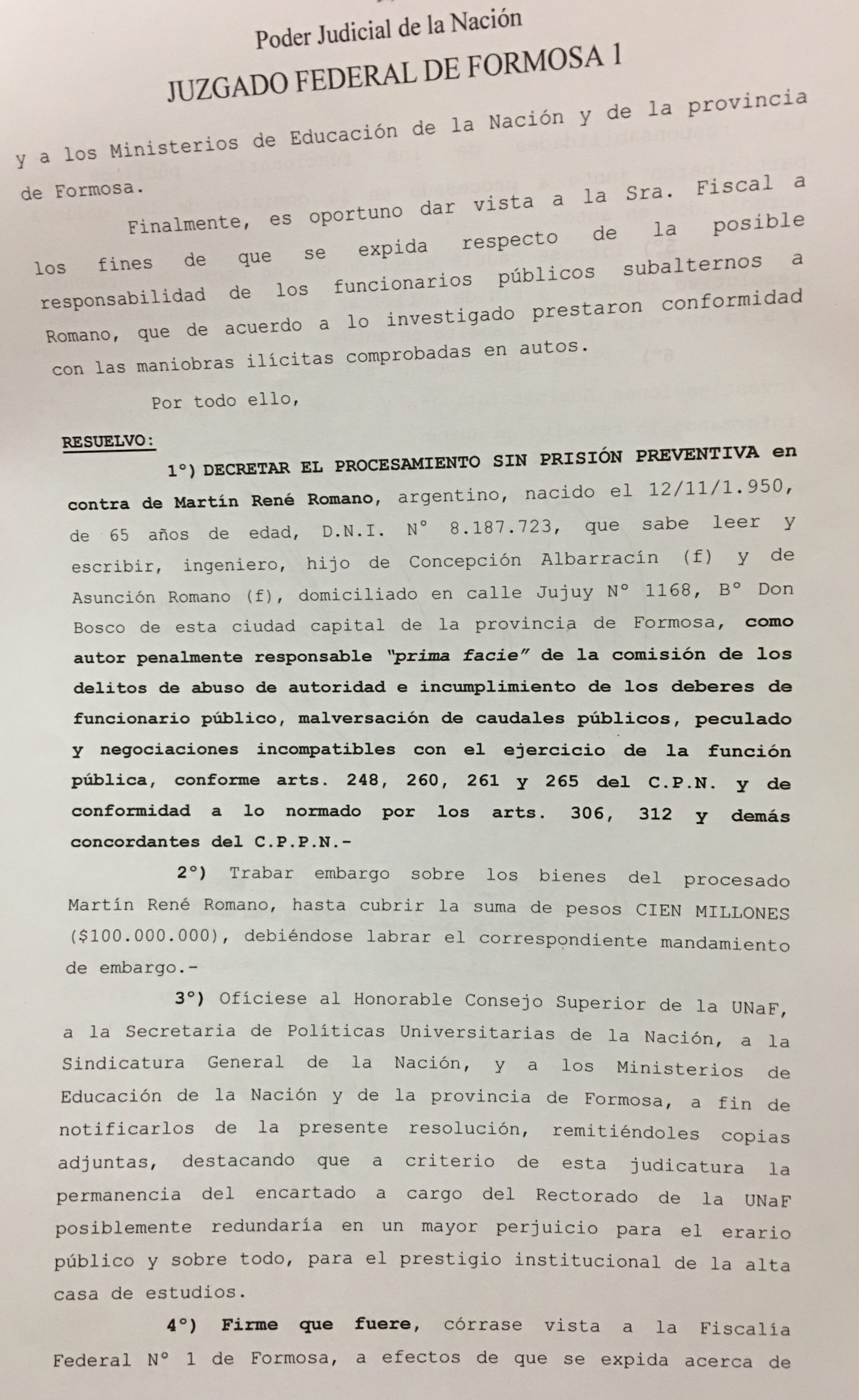 Detalles del expediente que terminó con el procesamiento del rector Romano