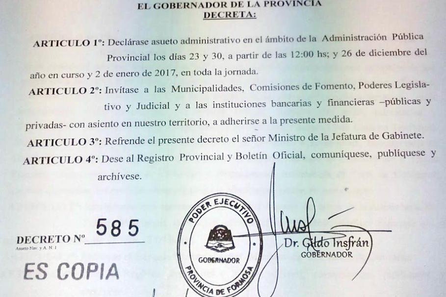 Viernes 23 y 30 asueto desde las 12 horas; lunes 26 y 2 de enero «todo el día» para la administración pública formoseña