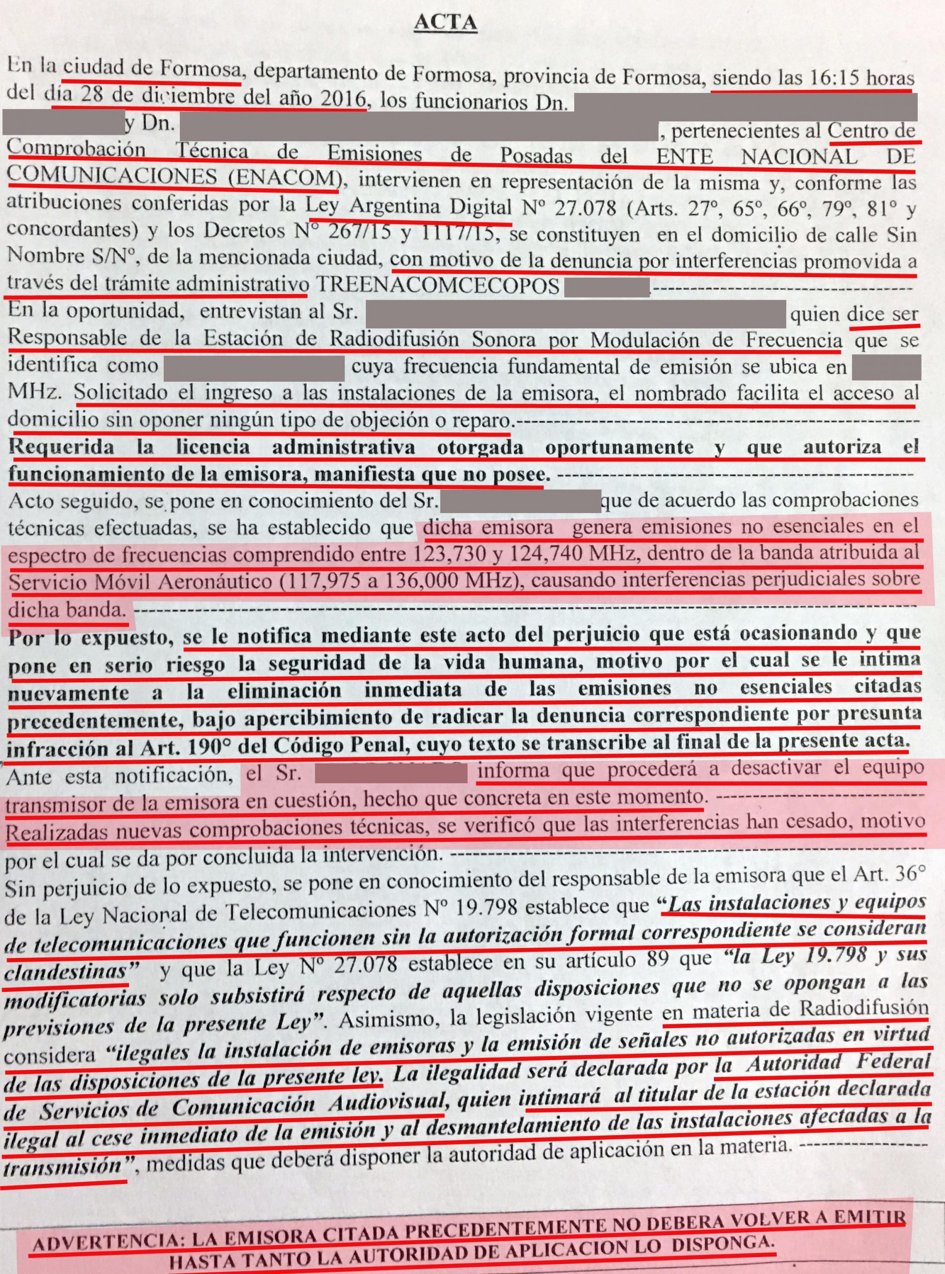 Documento: las actas y advertencias que recibieron las FM antes de los secuestros de los equipos