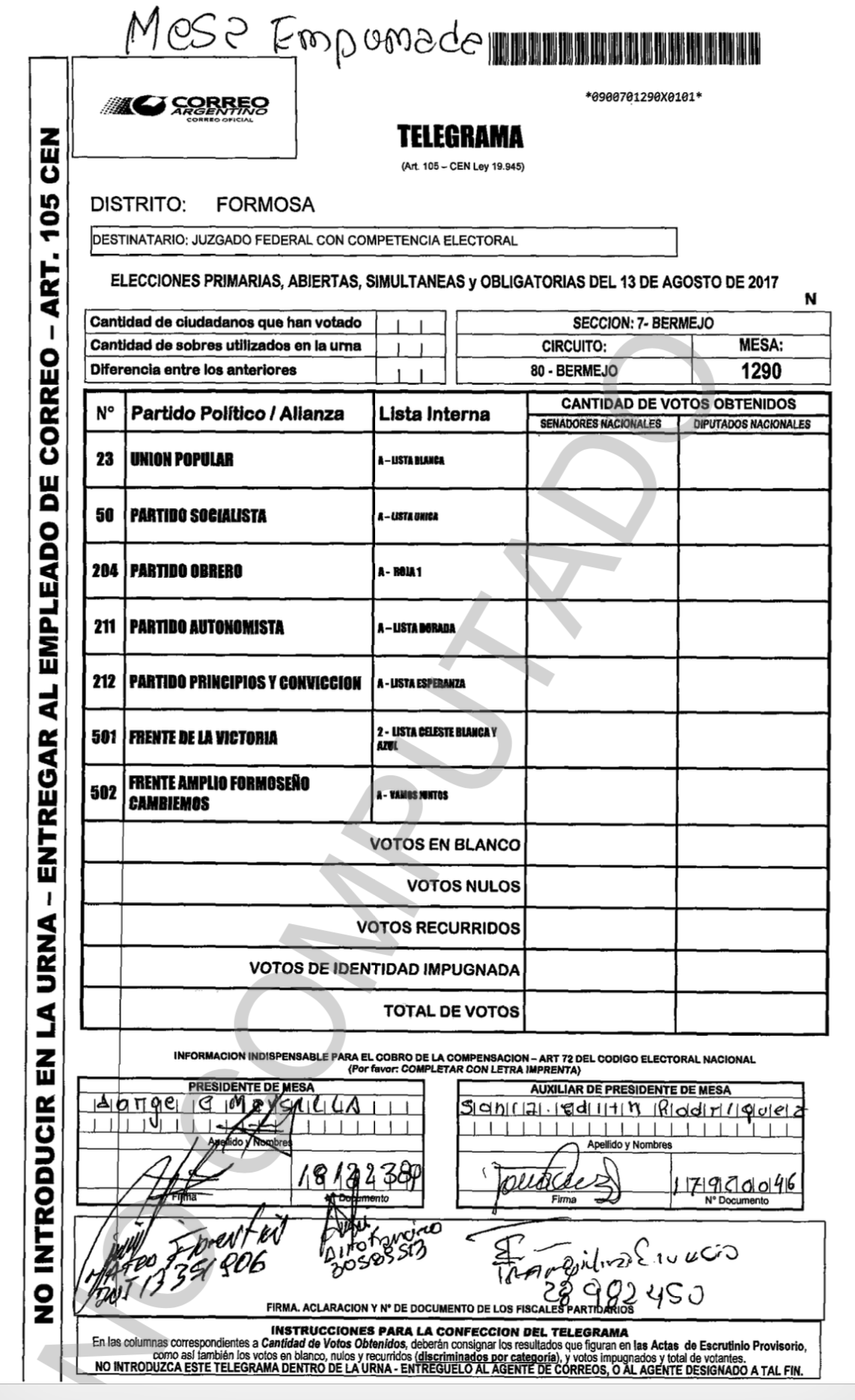 Denuncian a la «mesa empomada» de Pozo Masa que apareció con 100% de votos del PJ