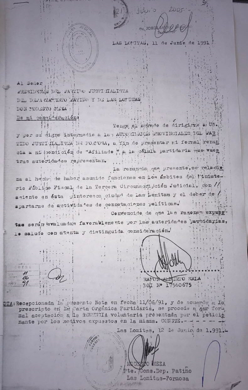 El juez Sala aclara, dice que renunció al peronismo en 1991