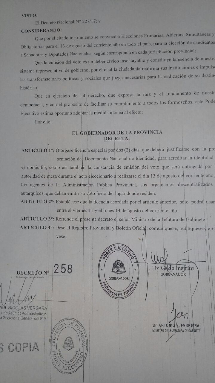Por decreto, Gildo otorga dos días de licencia a estatales que votan en una ciudad diferente a la que trabajan