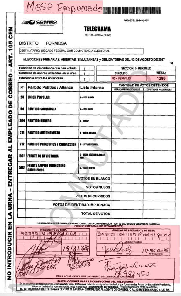 Denuncian a la «mesa empomada» de Pozo Masa que apareció con 100% de votos del PJ