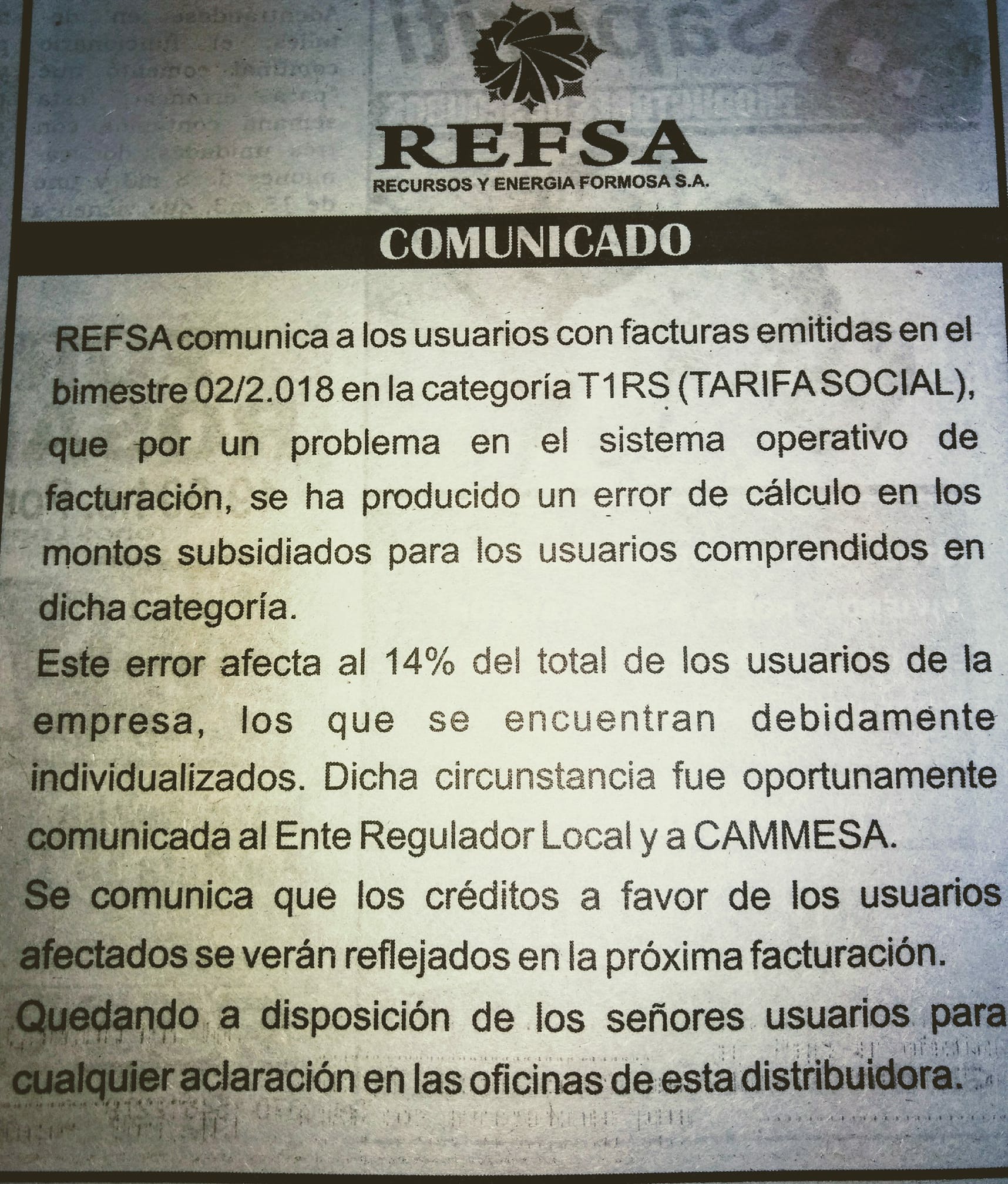 REFSA reconoció que hubo un error en facturas con tarifa social