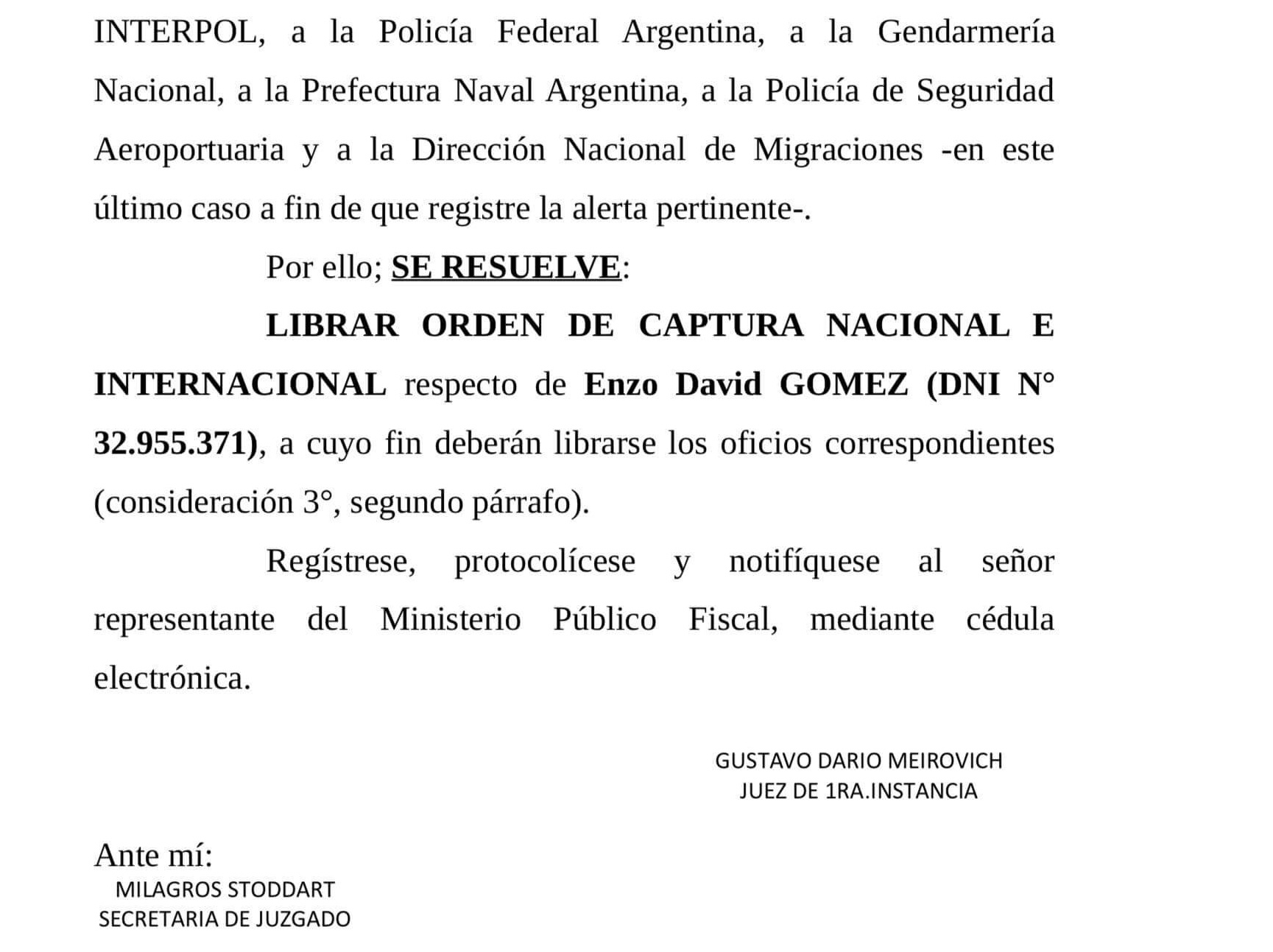 Captura internacional para Enzo David Gómez