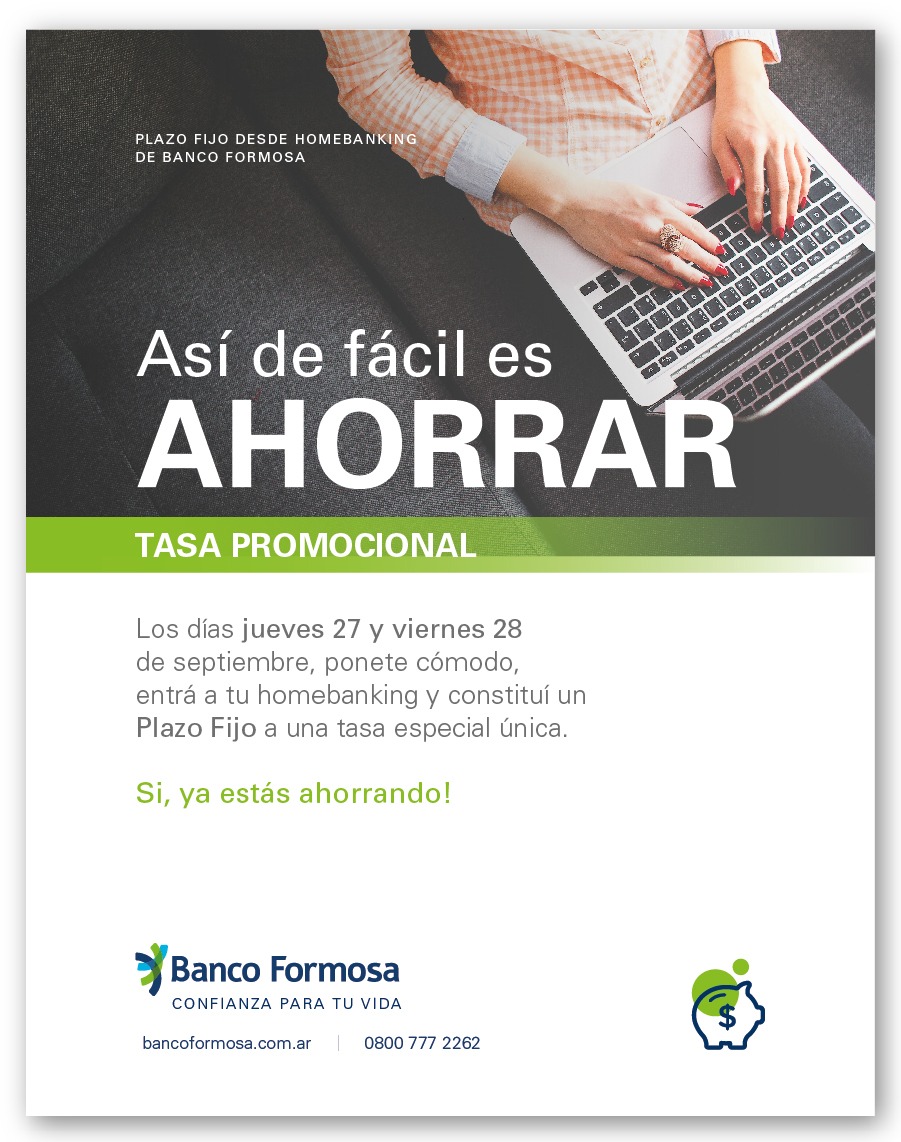 Banco Formosa ofrece tasa preferencial «online» para plazo fijo en pesos