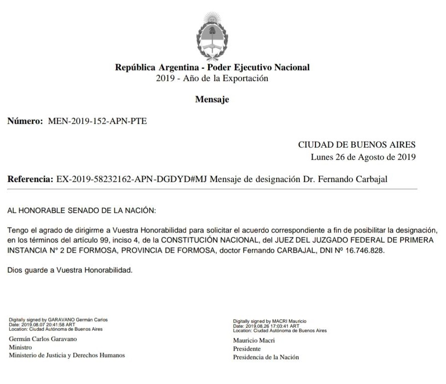 Fernando Carbajal continuaría como juez federal en Formosa