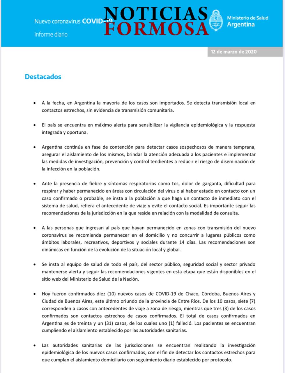 Informe oficial de casos de coronavirus