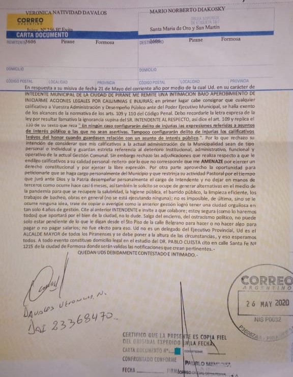 Críticas al intendente de Pirané, ahora por Carta Documento -  NoticiasFormosa