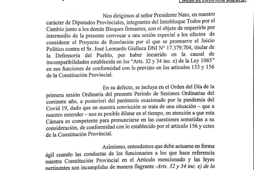 Legisladores de la oposición quieren incluir el juicio político a Gialluca en la sesión de Diputados