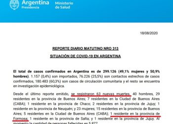 Salud de Nación informó la muerte de «una residente en Formosa»
