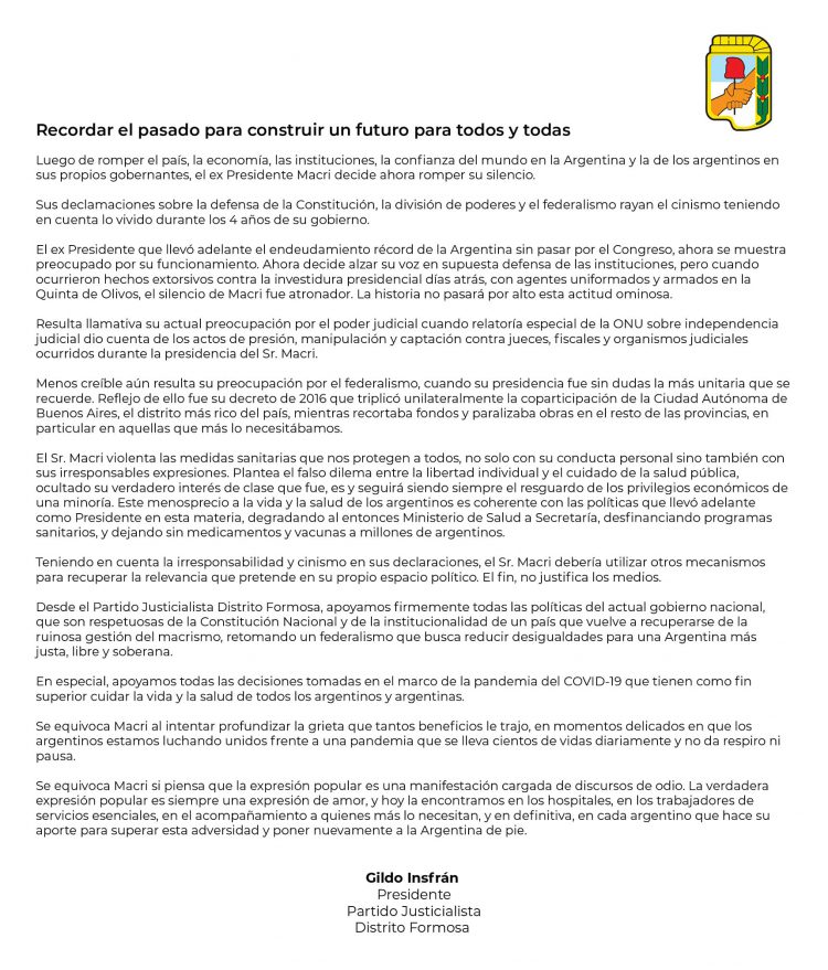 “Se equivoca Macri al intentar profundizar la grieta que tantos beneficios le trajo», dijo Gildo