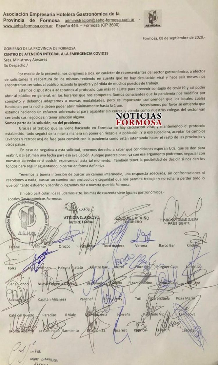 Gastronómicos juntaron firmas pidiendo al gobierno reapertura de la actividad