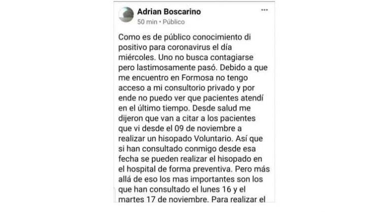 Clorinda: médico caso positivo covid, pide a pacientes que se hagan hisopado