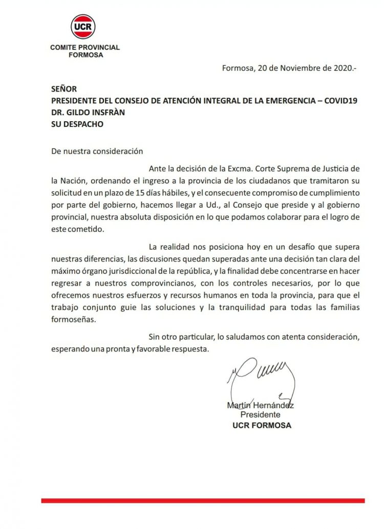 La UCR de Formosa ofreció colaboración para el regreso de varados