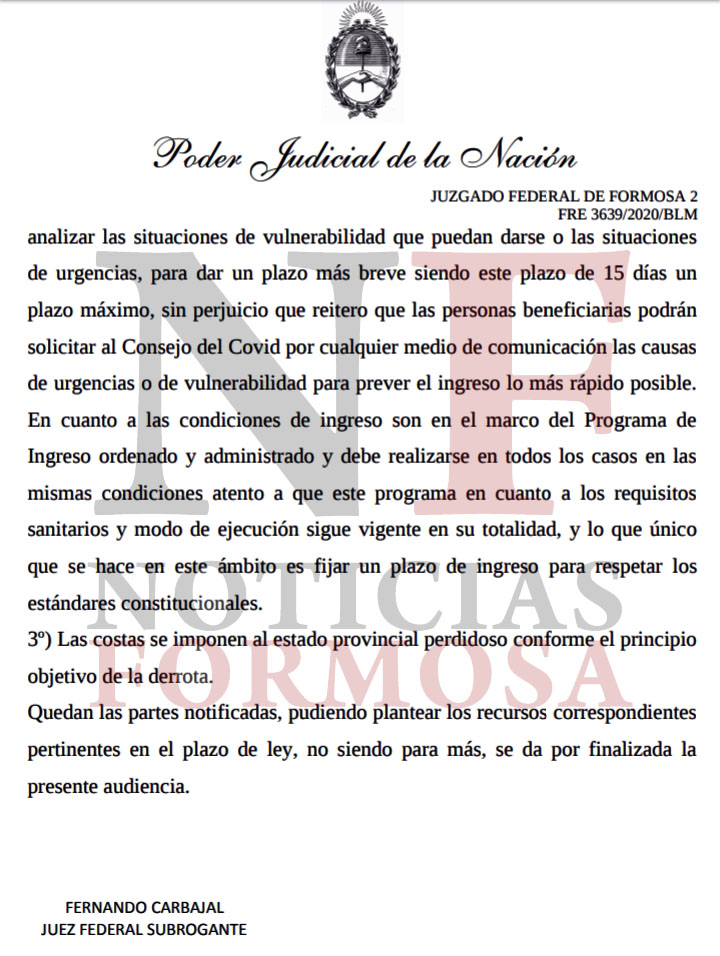 Varados: Carbajal rechazó inhibitoria del Superior Tribunal de Justicia y ordenó más ingresos