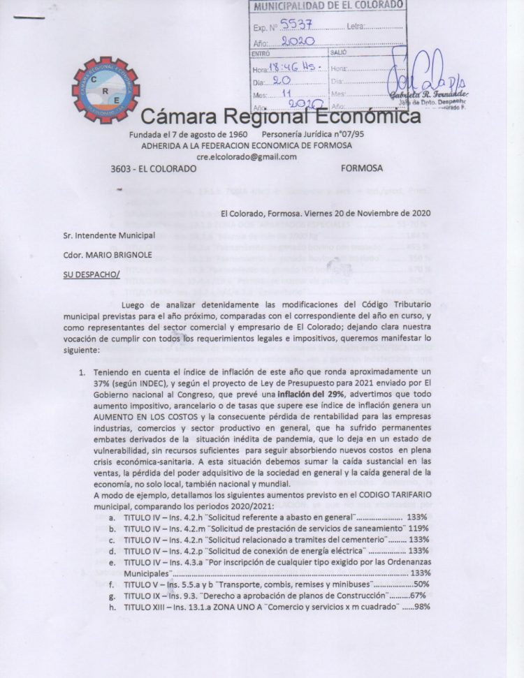 Piden a Brignole tasas impositivas acordes al complicado momento económico