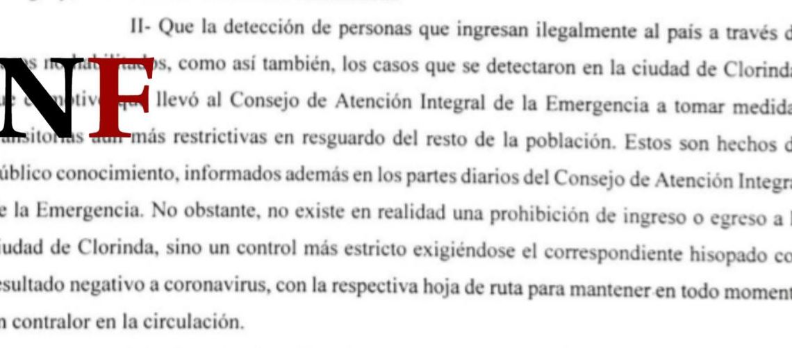 “No existe prohibición de ingreso o egreso a Clorinda”