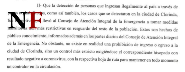 “No existe prohibición de ingreso o egreso a Clorinda”