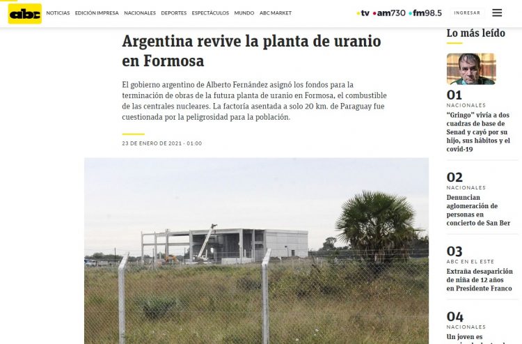 Preocupa a Paraguay reactivación de obras en Dioxitek