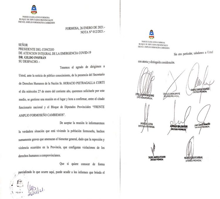 Diputados opositores piden a Gildo que los reciba secretario de DDHH