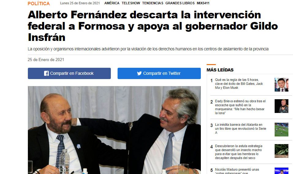 Alberto descarta la intervención federal a Formosa y apoya a Gildo