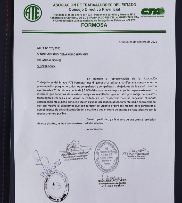 ATE pide al gobierno la regularización del pago de bonos al sector de salud