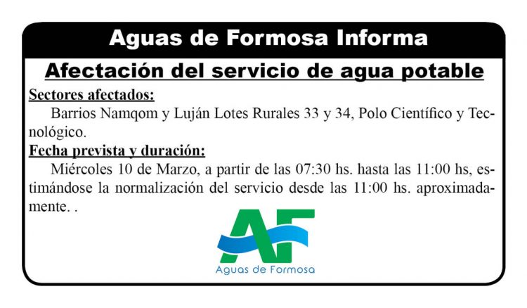 Aguas de Formosa informó sobre la afectación del servicio de agua potable