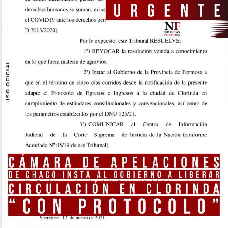 La Cámara federal instó al gobierno que adapte protocolo de ingreso y egreso de Clorinda