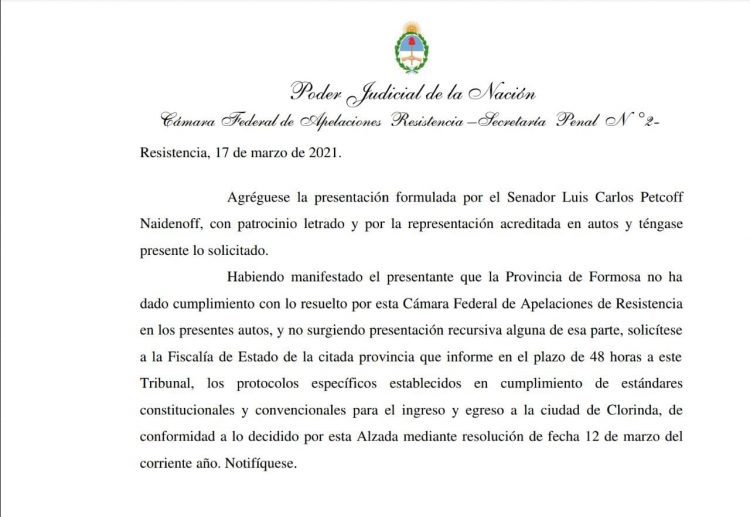 Breve plazo de la Cámara Federal a Formosa para que cumpla sentencia sobre Clorinda