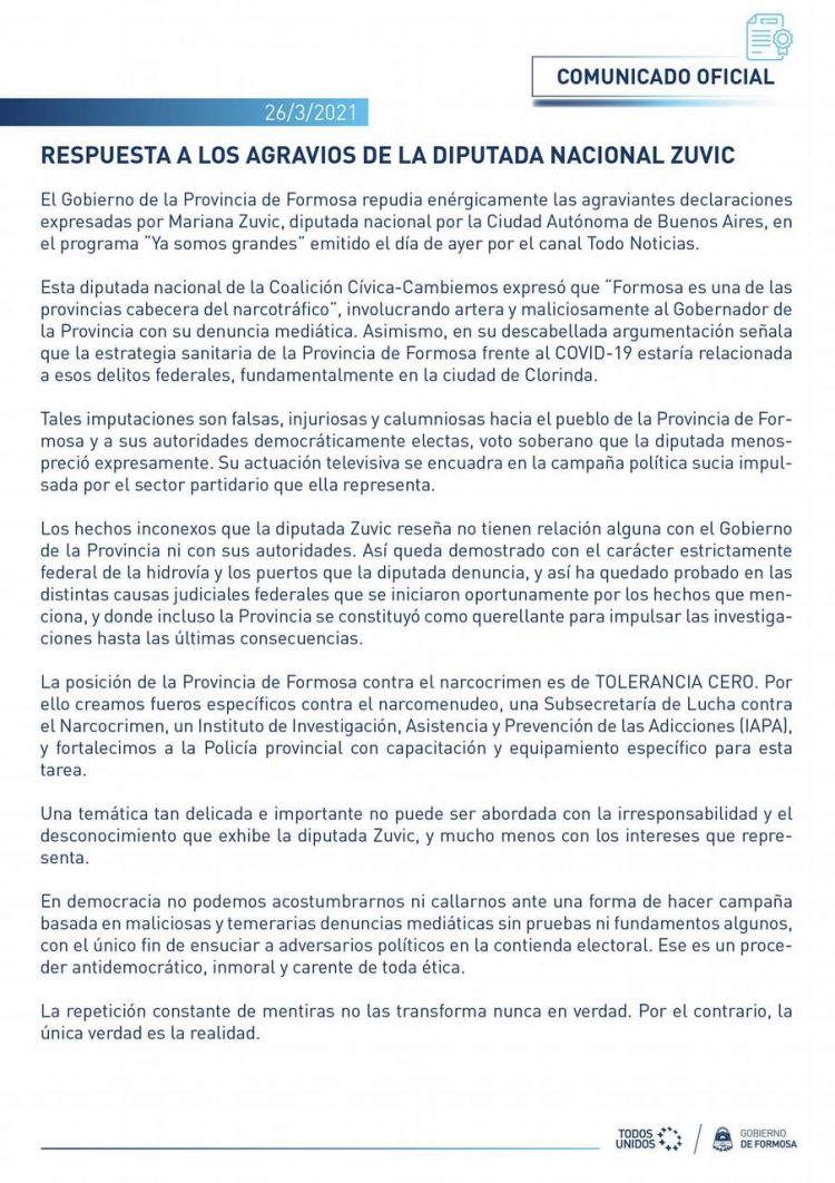 El gobierno calificó de irresponsable la denuncia de Mariana Zuvic, quien vinculó a Gildo con el narcotráfico