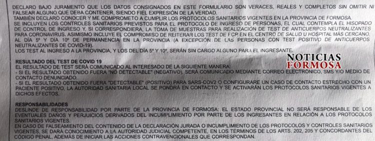 La declaración jurada que firman quienes ingresan a Formosa