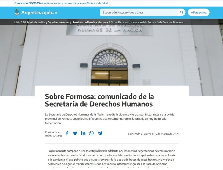 Comunicado de la Secretaría de Derechos Humanos sobre Formosa
