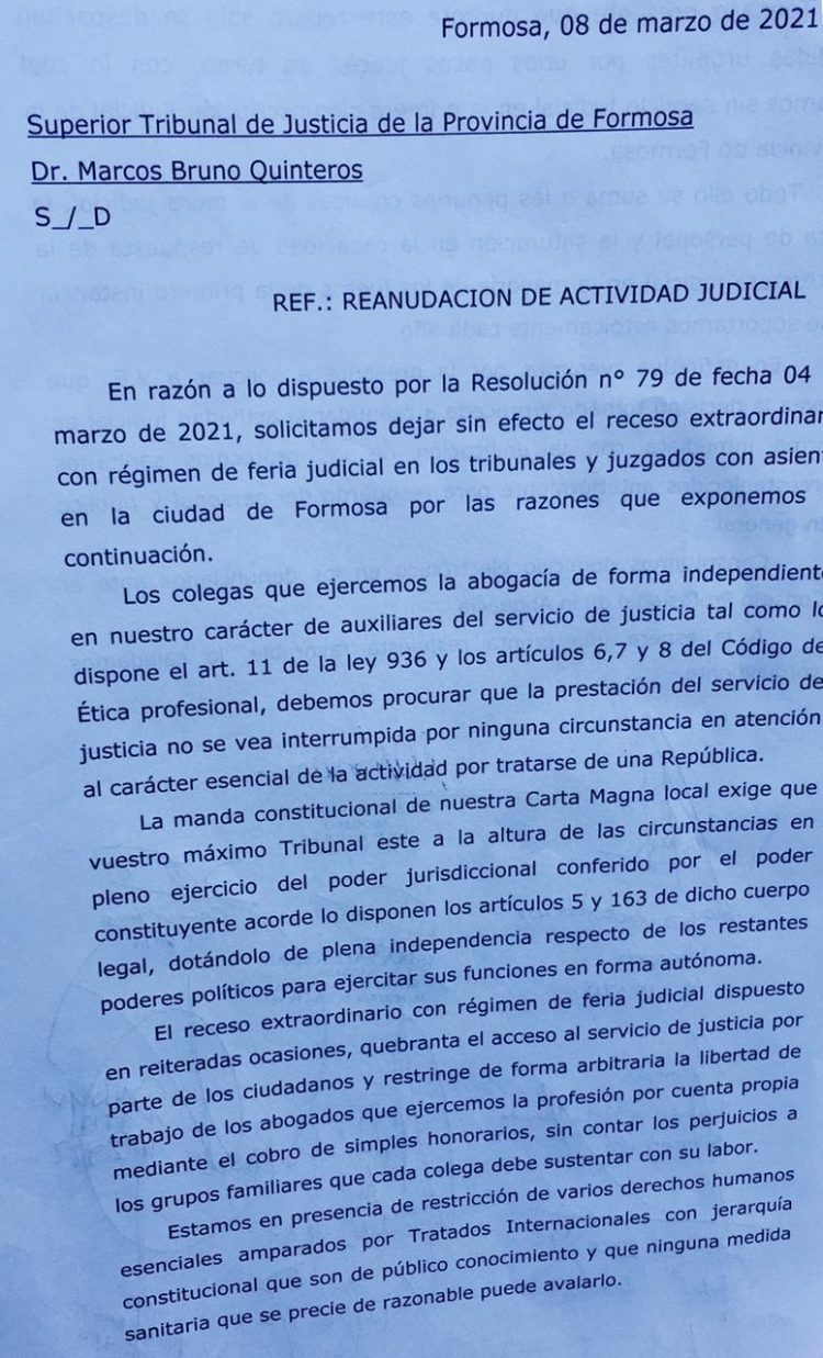 Abogados independientes le pidieron al STJ que levante la feria