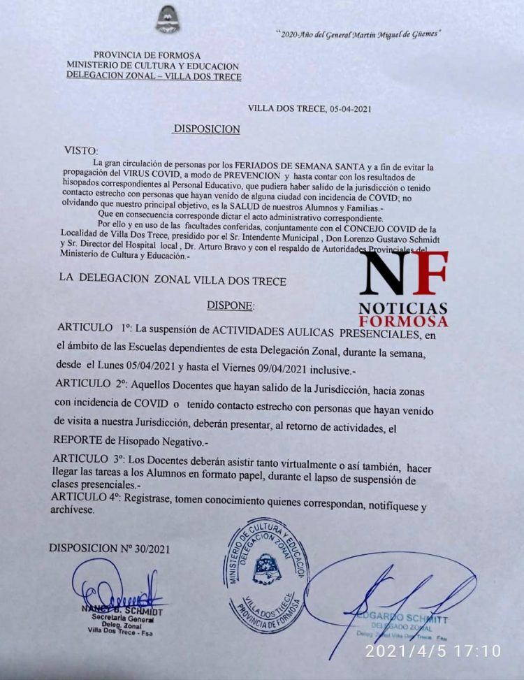 Villa Dos Trece sin clases presenciales durante una semana por prevención