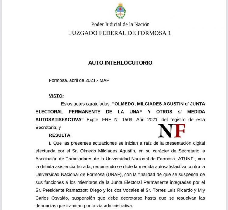 Integrantes de la Junta Electoral de la UNaF suspendidos por 60 días por orden del juez federal Morán
