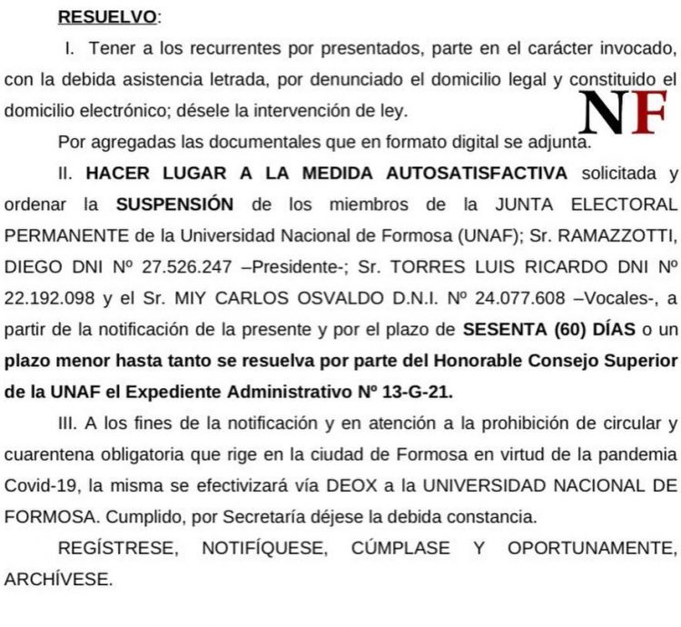 Integrantes de la Junta Electoral de la UNaF suspendidos por 60 días por orden del juez federal Morán