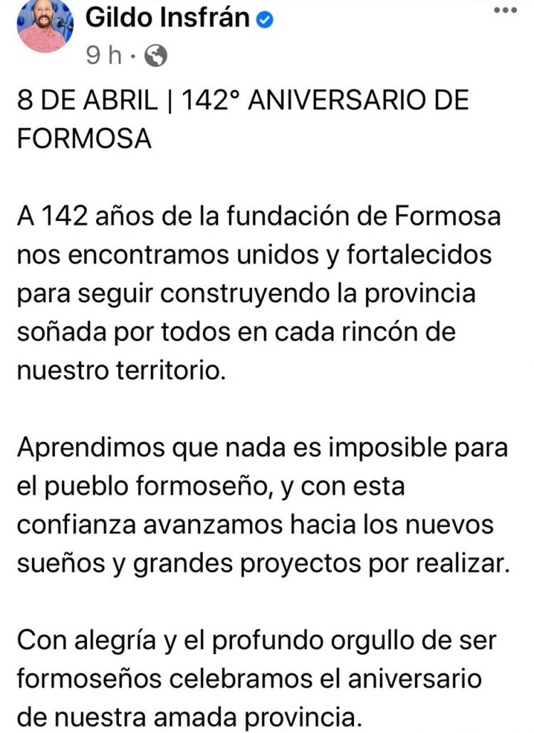 Insfrán impuso, por decreto, que el 8 de abril es aniversario de la provincia de Formosa y no de la ciudad?