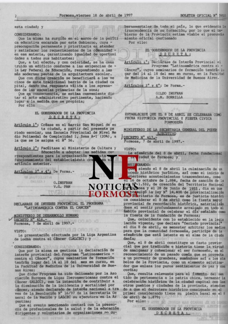 Insfrán impuso, por decreto, que el 8 de abril es aniversario de la provincia de Formosa y no de la ciudad?