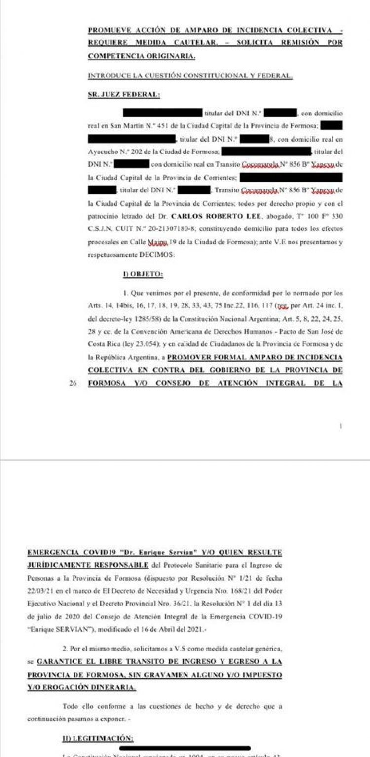 Presentaron 2 amparos ante la Justicia Federal contra medidas del Gobierno de Formosa