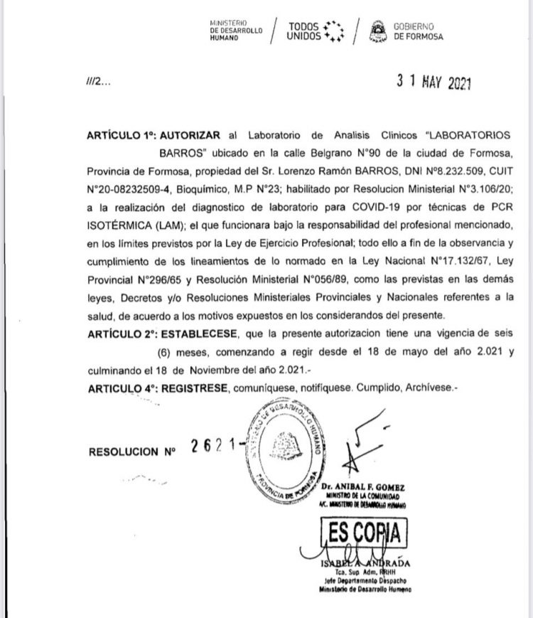 Laboratorio Barros autorizado para hisopar